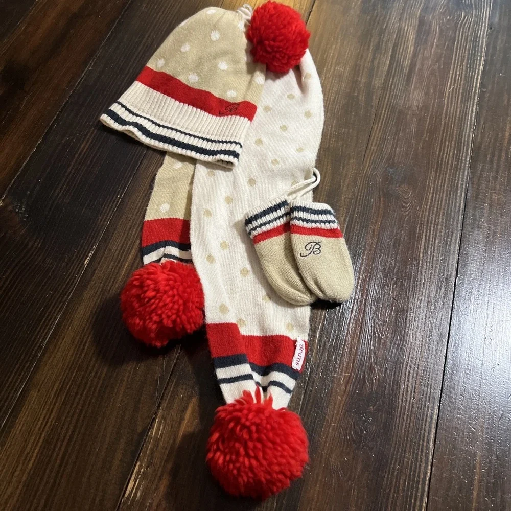 BRUMS  Cable Knit Pom Pom Hat, Scarf & Mittens Set - Toddlers Size